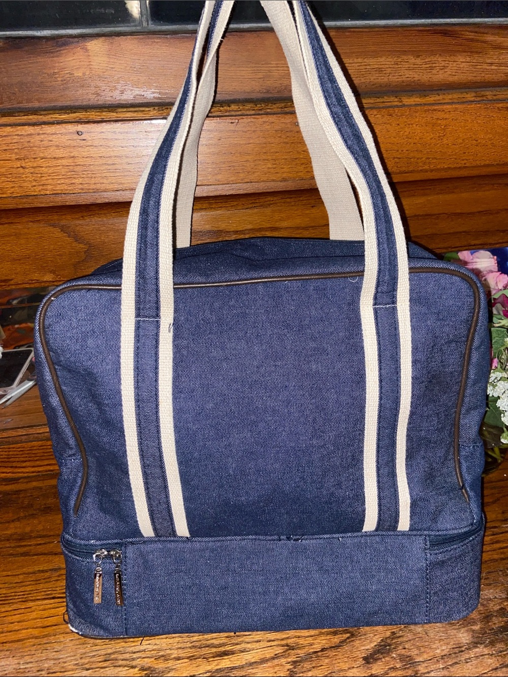 Bath & Body Works Large Denim Navy Toiletry Bag with Cream Handles